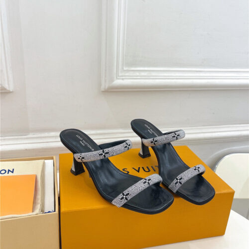 High Quality Luxury Louis Vuitton Square Toe Hot Diamond High-Heeled Slippers