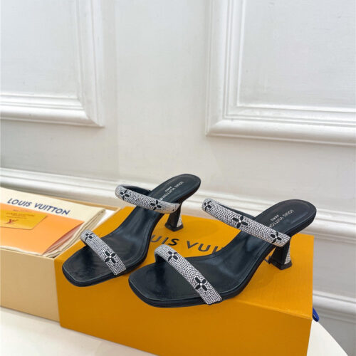 High Quality Luxury Louis Vuitton Square Toe Hot Diamond High-Heeled Slippers alternate view