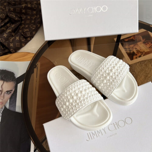 High Quality Luxury Jimmy Choo Fitz Pearl Slides – Style 02135