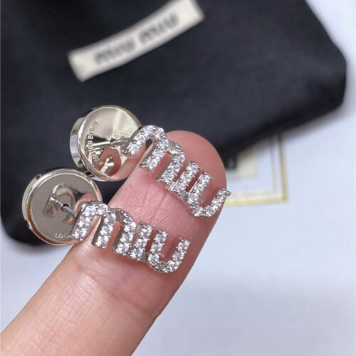 High Quality Luxury Miumiu Full Diamond Letter Earrings alternate view