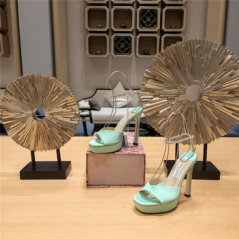 High Quality Luxury Jimmy Choo Crystal Chain Heeled Platform Sandals – Style 65207 product detail