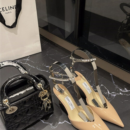 High Quality Luxury Jimmy Choo Patent-Leather Crystal Chain Pumps – Style 27191