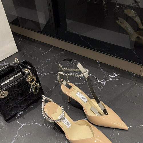 High Quality Luxury Jimmy Choo Patent-Leather Crystal Chain Pumps – Style 27191 product detail