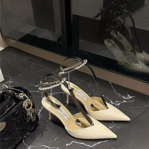 High Quality Luxury Jimmy Choo Patent-Leather Crystal Chain Pumps