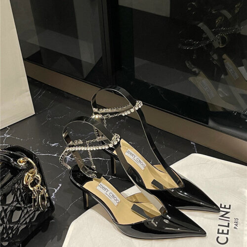 High Quality Luxury Jimmy Choo Patent-Leather Crystal Chain Pumps – Style 54871