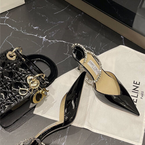 High Quality Luxury Jimmy Choo Patent-Leather Crystal Chain Pumps – Style 54871 product detail