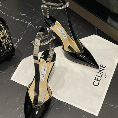 High Quality Luxury Jimmy Choo Patent-Leather Crystal Chain Pumps – Style 54871 product detail