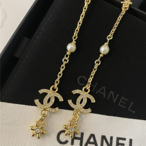 High Quality Luxury Chanel Golden Daisy Flower Full Diamond Long Earrings alternate view
