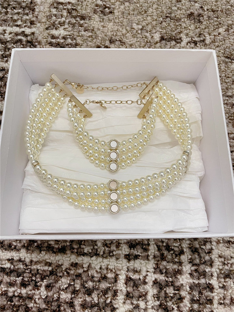 High Quality Luxury Dior Multi-Mirror Double Layer Pearl Necklace
