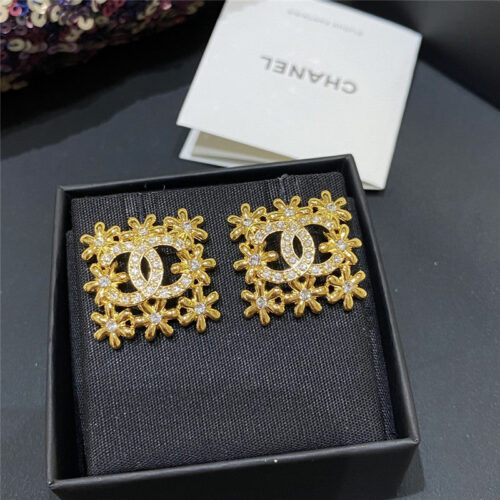 High Quality Luxury Chanel Golden Flower Hollow Double C Square Earrings
