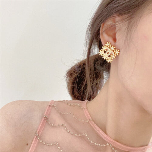 High Quality Luxury Chanel Golden Flower Hollow Double C Square Earrings alternate view