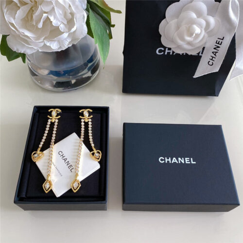 High Quality Luxury Chanel Shaped Crystal Double C Tassel Earrings