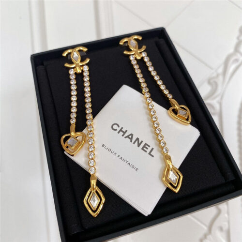 High Quality Luxury Chanel Shaped Crystal Double C Tassel Earrings alternate view