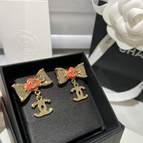 High Quality Luxury Chanel Orange Bow Lettering Earrings