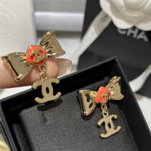 High Quality Luxury Chanel Orange Bow Lettering Earrings alternate view