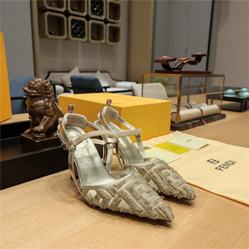 High Quality Luxury Fendi Flocked Embroidered Pointed Toe Sandals