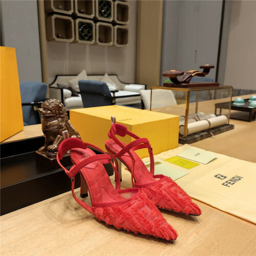 High Quality Luxury Fendi Flocked Embroidered Pointed Toe Sandals – Style 62579