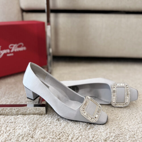 High Quality Luxury Roger Vivier Silk Diamond Buckle Square Heel Shoes – Style 99700 product detail