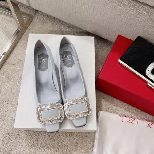 High Quality Luxury Roger Vivier Silk Diamond Buckle Square Heel Shoes – Style 99700 product detail
