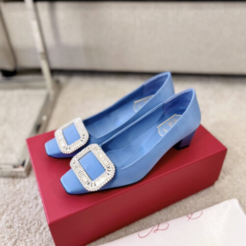 High Quality Luxury Roger Vivier Silk Diamond Buckle Square Heel Shoes