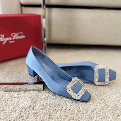 High Quality Luxury Roger Vivier Silk Diamond Buckle Square Heel Shoes product detail