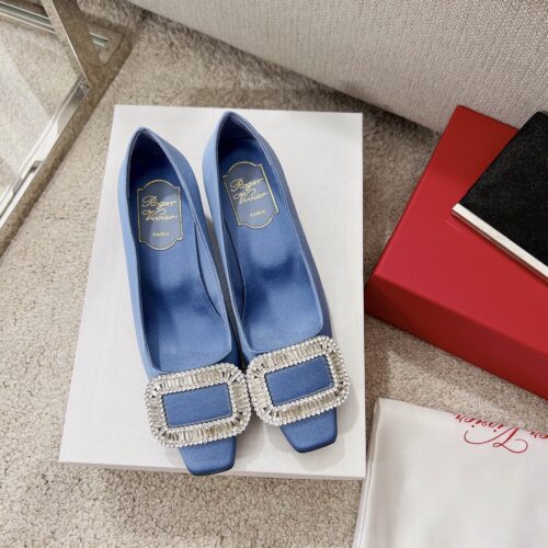 High Quality Luxury Roger Vivier Silk Diamond Buckle Square Heel Shoes product detail