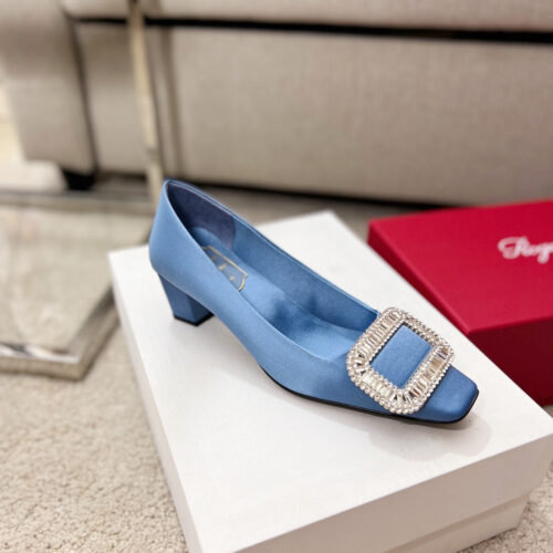 High Quality Luxury Roger Vivier Silk Diamond Buckle Square Heel Shoes product detail