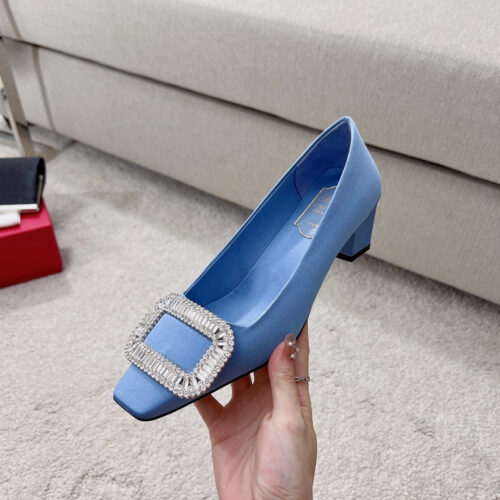 High Quality Luxury Roger Vivier Silk Diamond Buckle Square Heel Shoes alternate view