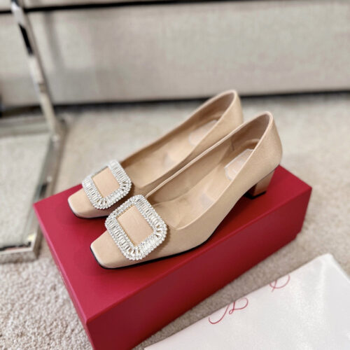 High Quality Luxury Roger Vivier Silk Diamond Buckle Square Heel Shoes – Style 98004