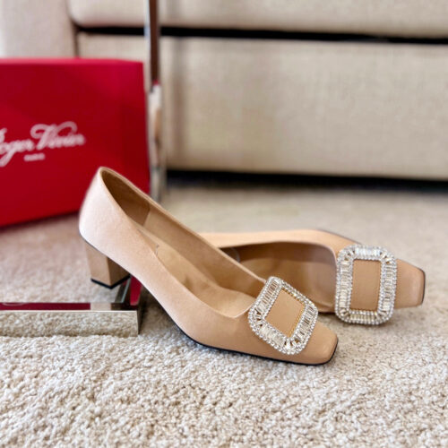 High Quality Luxury Roger Vivier Silk Diamond Buckle Square Heel Shoes – Style 98004 product detail