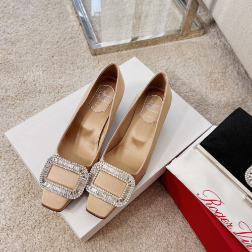 High Quality Luxury Roger Vivier Silk Diamond Buckle Square Heel Shoes – Style 98004 product detail