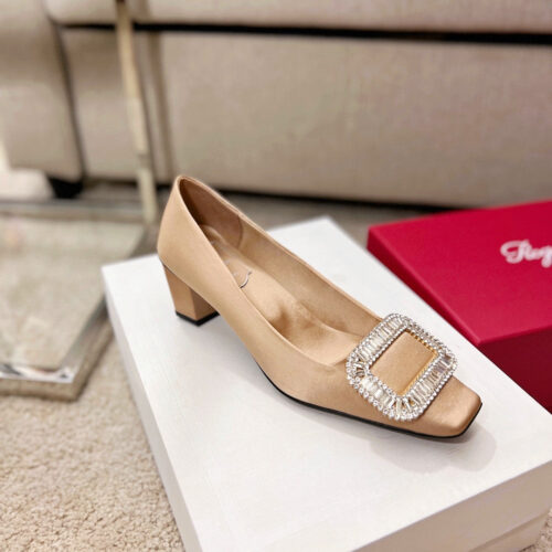 High Quality Luxury Roger Vivier Silk Diamond Buckle Square Heel Shoes – Style 98004 product detail