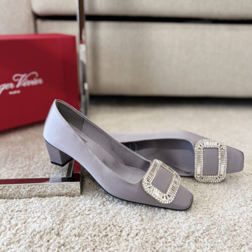 High Quality Luxury Roger Vivier Silk Diamond Buckle Square Heel Shoes – Style 60148 product detail