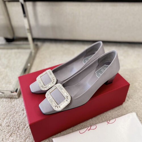 High Quality Luxury Roger Vivier Silk Diamond Buckle Square Heel Shoes – Style 60148