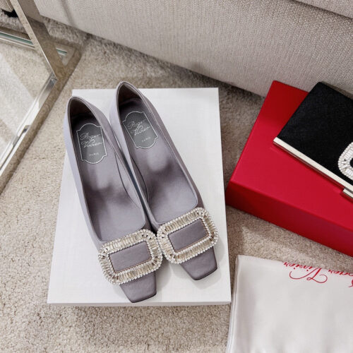 High Quality Luxury Roger Vivier Silk Diamond Buckle Square Heel Shoes – Style 60148 product detail