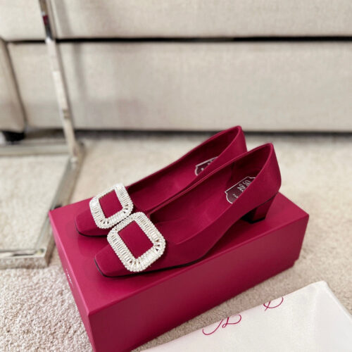 High Quality Luxury Roger Vivier Silk Diamond Buckle Square Heel Shoes – Style 56756