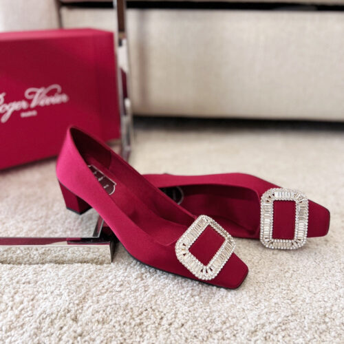 High Quality Luxury Roger Vivier Silk Diamond Buckle Square Heel Shoes – Style 56756 product detail