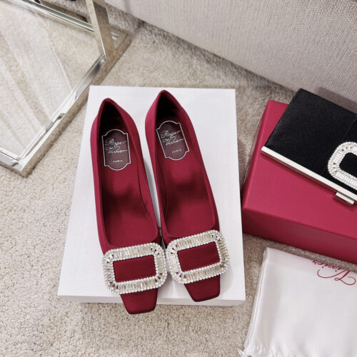 High Quality Luxury Roger Vivier Silk Diamond Buckle Square Heel Shoes – Style 56756 product detail
