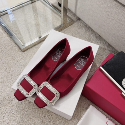 High Quality Luxury Roger Vivier Silk Diamond Buckle Square Heel Shoes – Style 56756 product detail