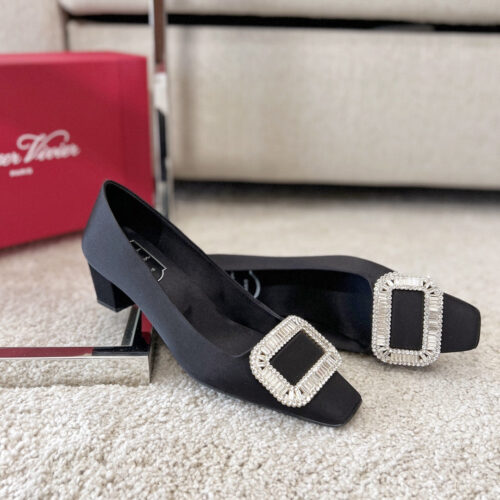 High Quality Luxury Roger Vivier Silk Diamond Buckle Square Heel Shoes – Style 18900 product detail