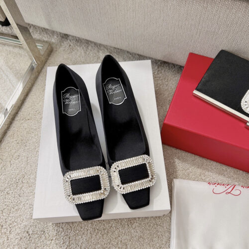 High Quality Luxury Roger Vivier Silk Diamond Buckle Square Heel Shoes – Style 18900 product detail