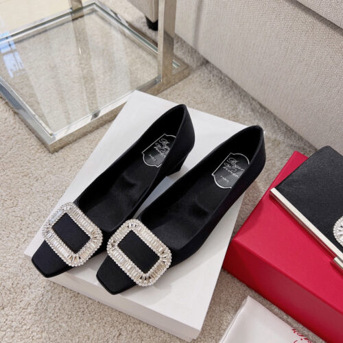 High Quality Luxury Roger Vivier Silk Diamond Buckle Square Heel Shoes – Style 18900 product detail