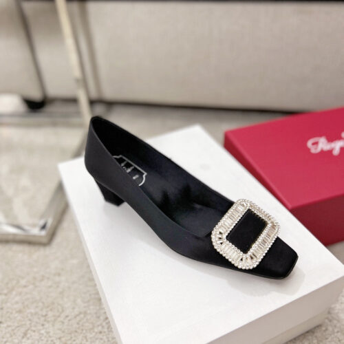 High Quality Luxury Roger Vivier Silk Diamond Buckle Square Heel Shoes – Style 18900 product detail
