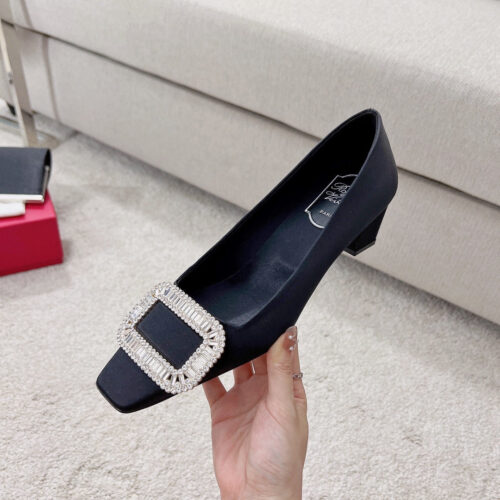High Quality Luxury Roger Vivier Silk Diamond Buckle Square Heel Shoes – Style 18900 alternate view