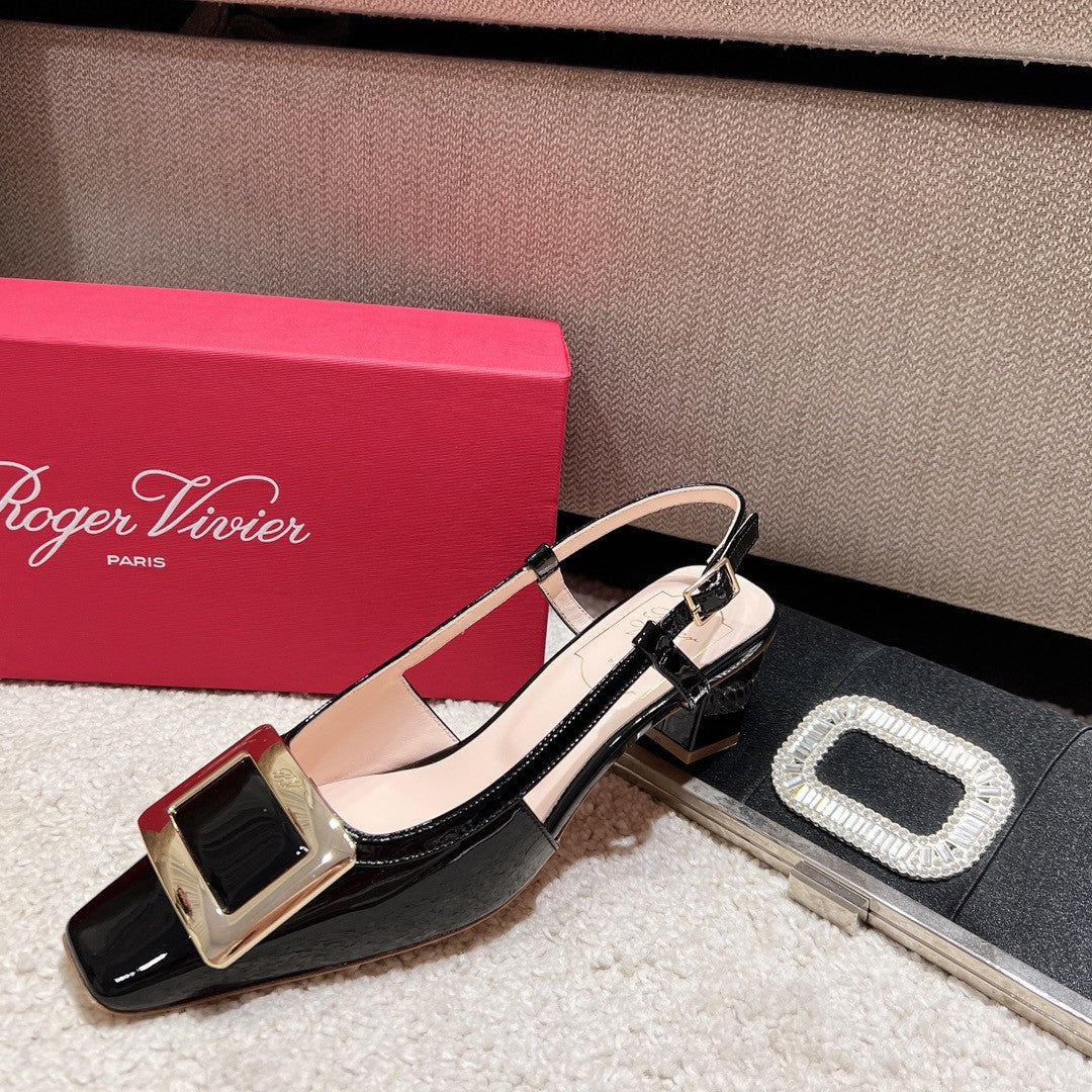 High Quality Luxury Roger Vivier Square Buckle Chunky Heel Back Sandals – Style 45428 product detail