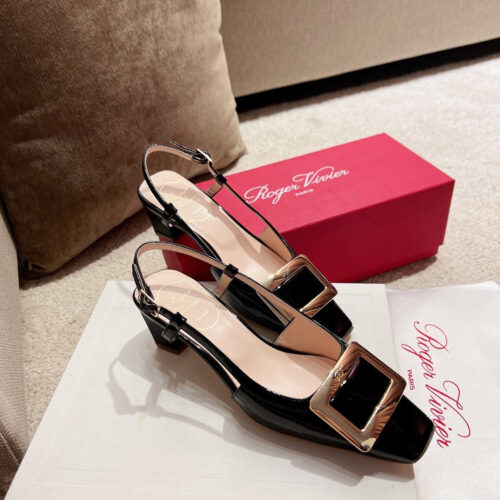 High Quality Luxury Roger Vivier Square Buckle Chunky Heel Back Sandals – Style 45428