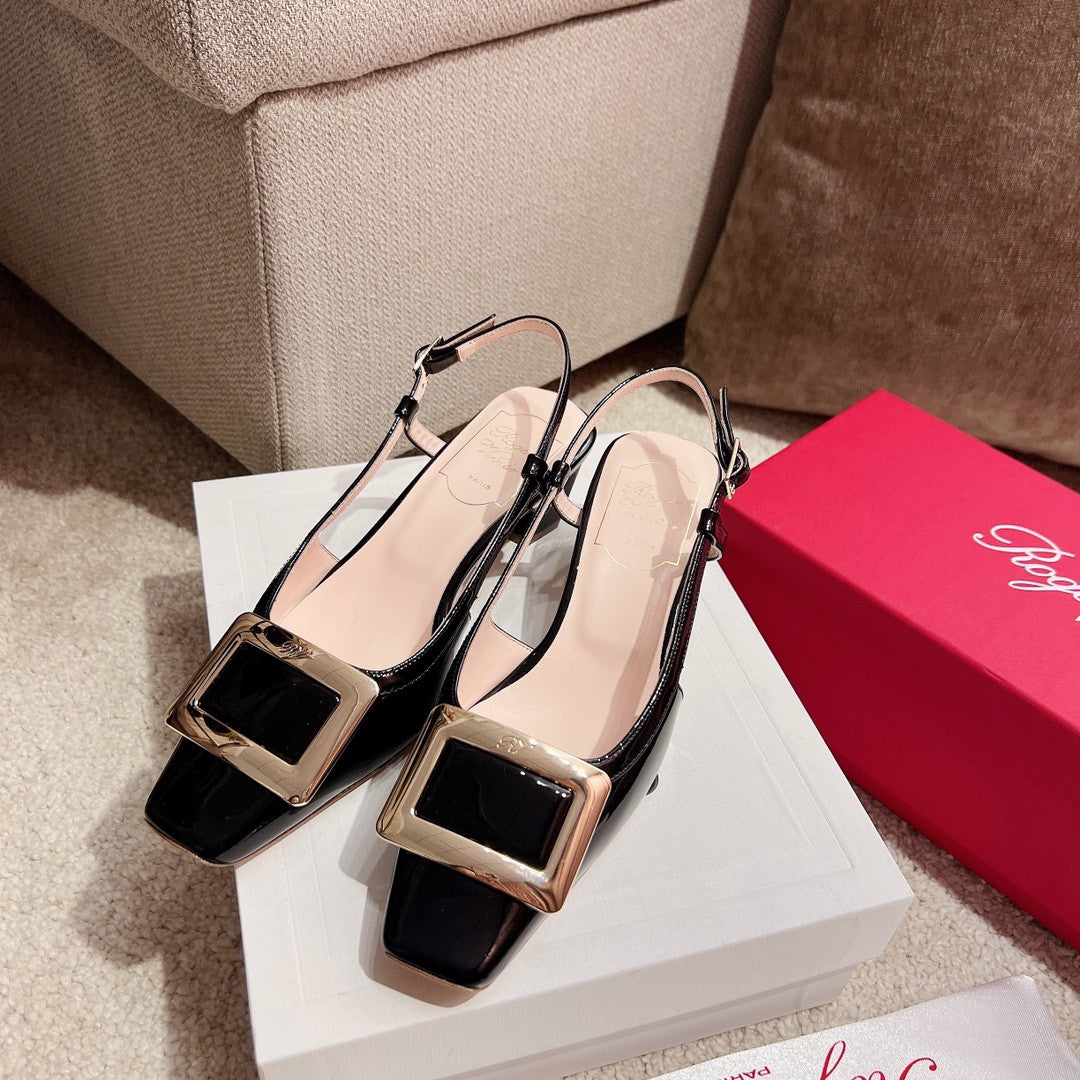 High Quality Luxury Roger Vivier Square Buckle Chunky Heel Back Sandals – Style 45428 product detail