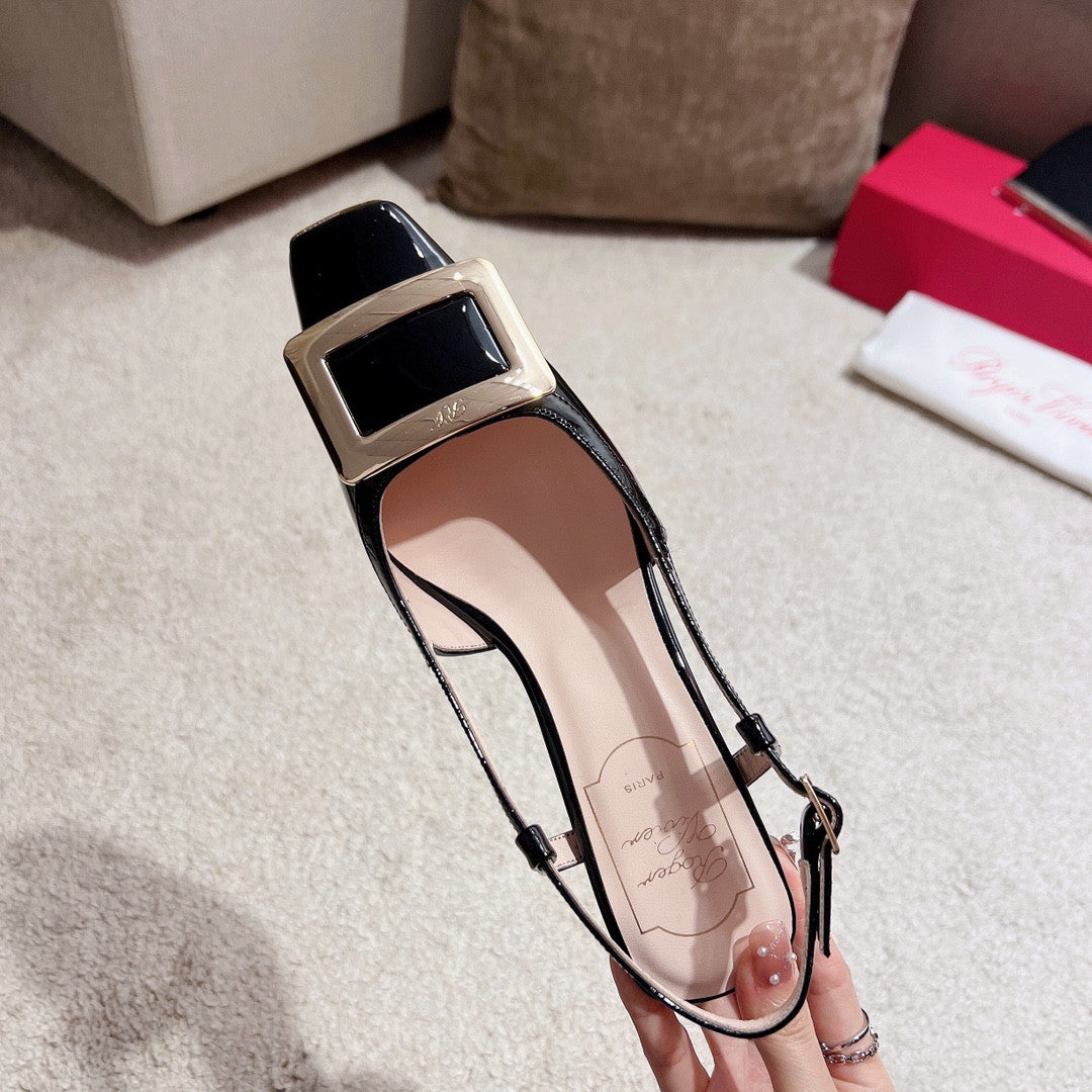 High Quality Luxury Roger Vivier Square Buckle Chunky Heel Back Sandals – Style 45428 product detail
