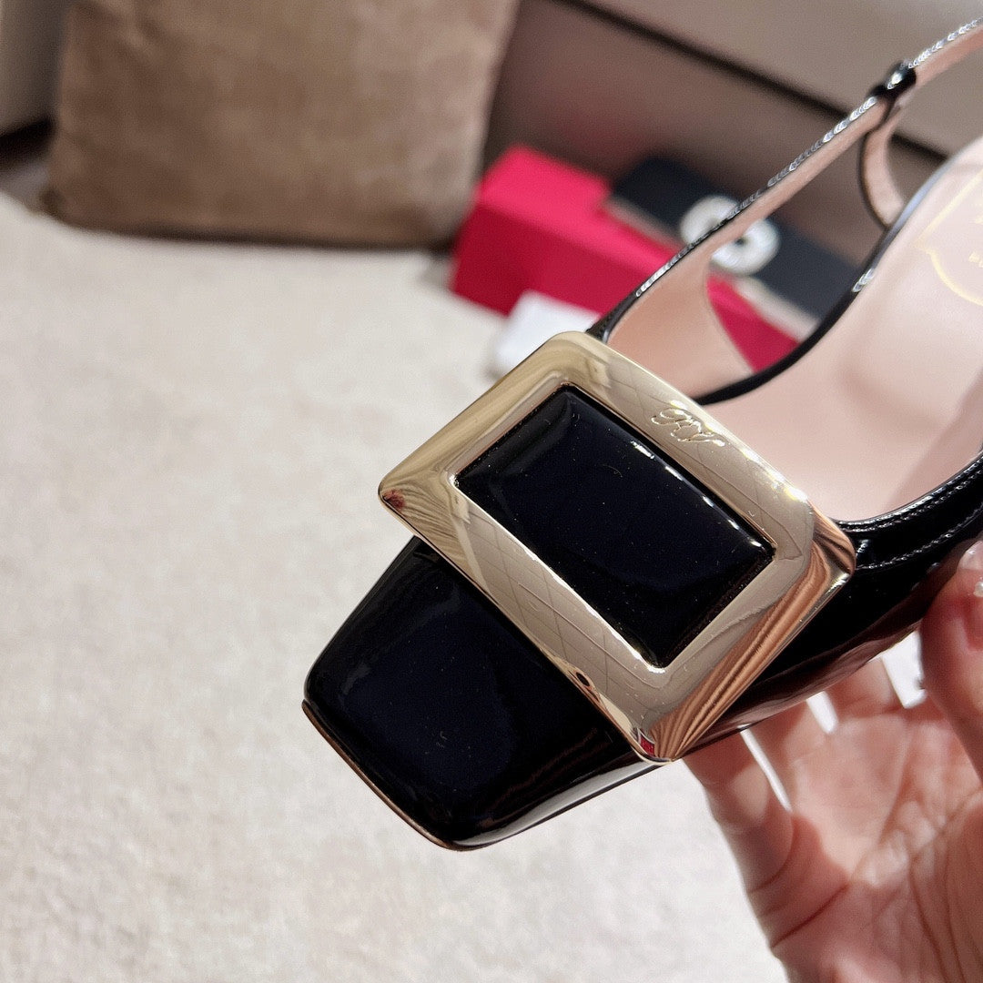 High Quality Luxury Roger Vivier Square Buckle Chunky Heel Back Sandals – Style 45428 product detail