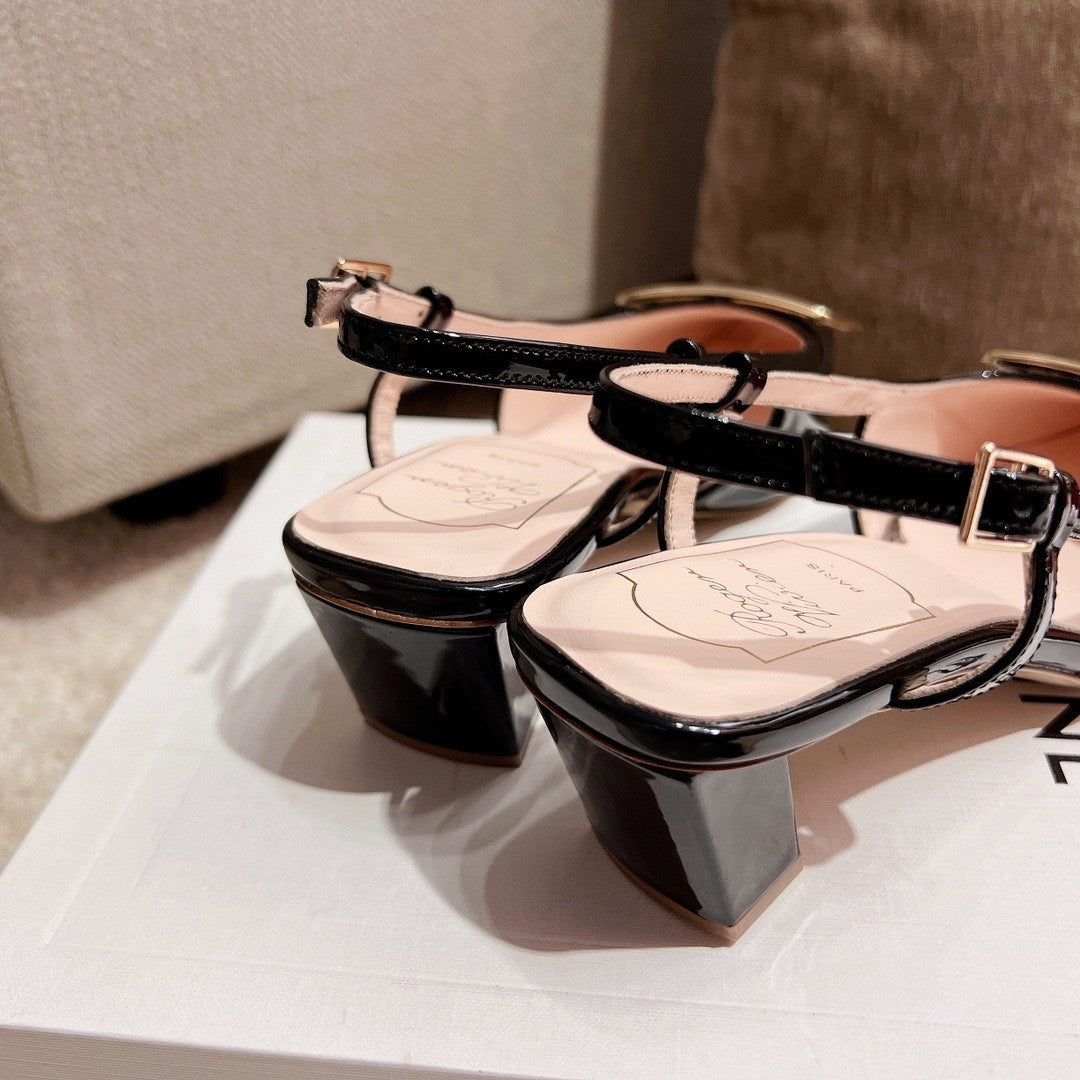 High Quality Luxury Roger Vivier Square Buckle Chunky Heel Back Sandals – Style 45428 product detail